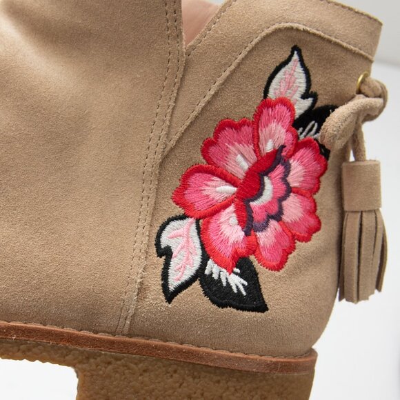 Kate Spade Bellville Ankle Boot Suede Floral Embroidered Bootie Tassel Tan 9 - Picture 11 of 12